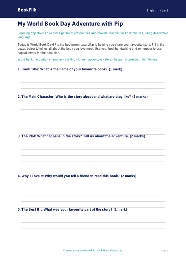 Free World Book Day Template | Year 1 Core | BookFlik worksheet preview — English World Book Day