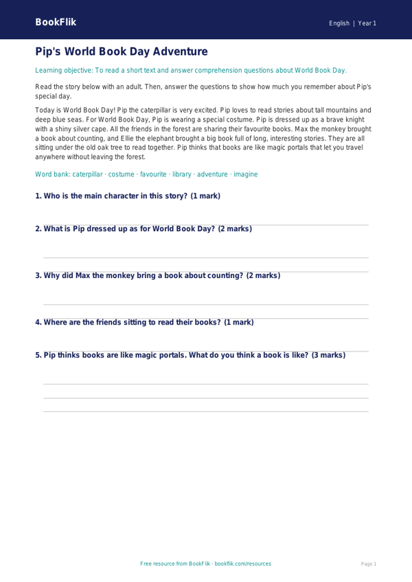 Free World Book Day Track Sheet | Year 1 Core | BookFlik worksheet preview — English World Book Day