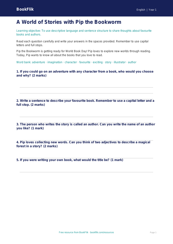 Free World Book Day Worksheet | Year 1 Core | BookFlik worksheet preview — English World Book Day