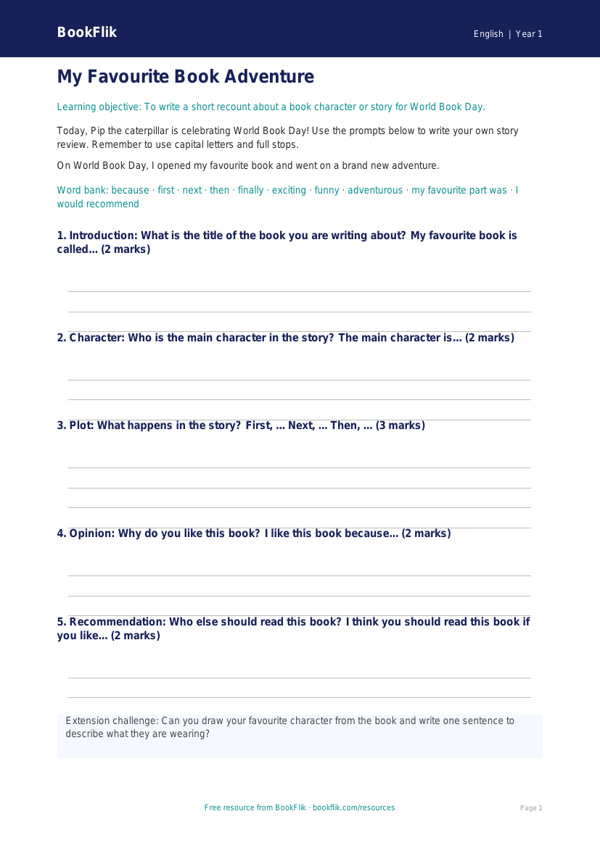 Free World Book Day Writing Frame | Year 1 Core | BookFlik worksheet preview — English World Book Day