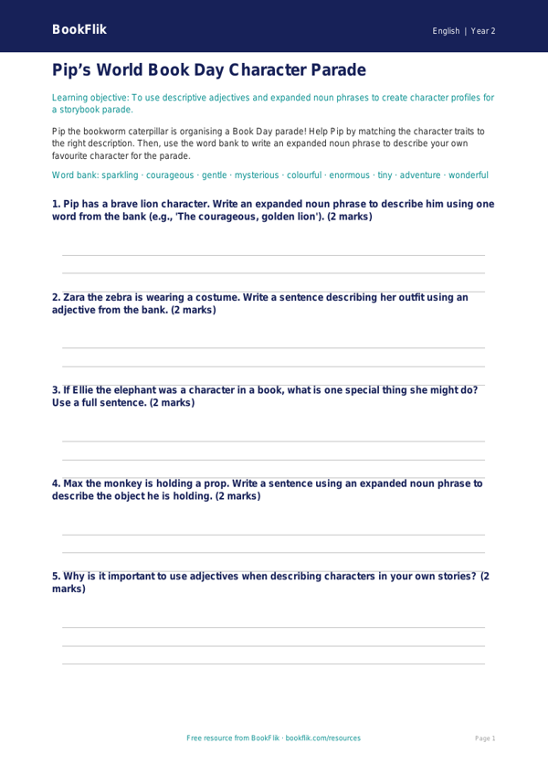 Free World Book Day Activity Sheet | Year 2 Core | BookFlik worksheet preview — English World Book Day