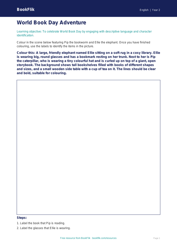 Free World Book Day Colouring Page | Year 2 Core | BookFlik worksheet preview — English World Book Day