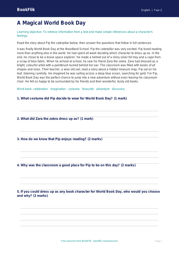 Free World Book Day Comprehension | Year 2 Core | BookFlik worksheet preview — English World Book Day