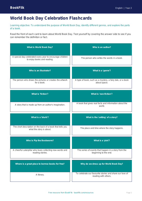 Free World Book Day Flashcards | Year 2 Core | BookFlik worksheet preview — English World Book Day