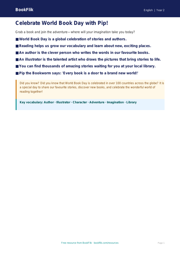 Free World Book Day Poster | Year 2 Core | BookFlik worksheet preview — English World Book Day