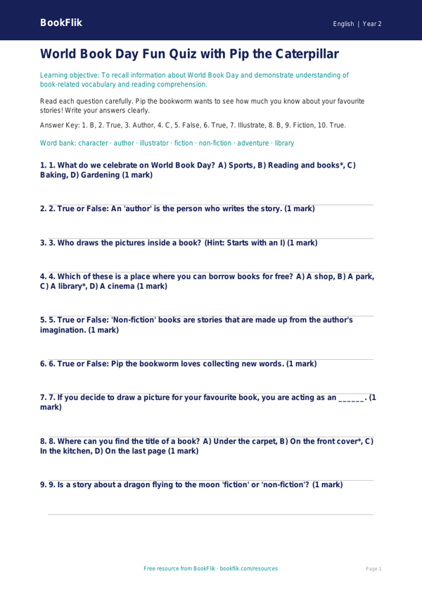 Free World Book Day Quiz | Year 2 Core | BookFlik worksheet preview — English World Book Day