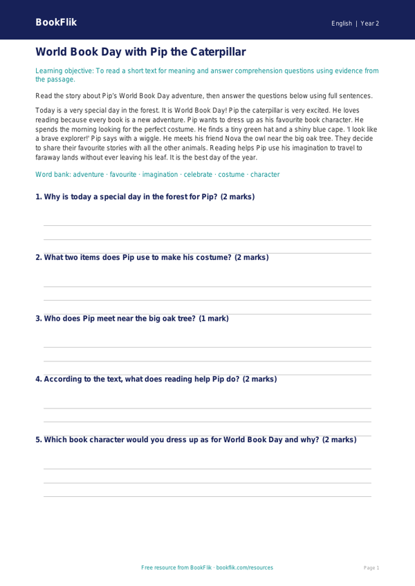 Free World Book Day Track Sheet | Year 2 Core | BookFlik worksheet preview — English World Book Day