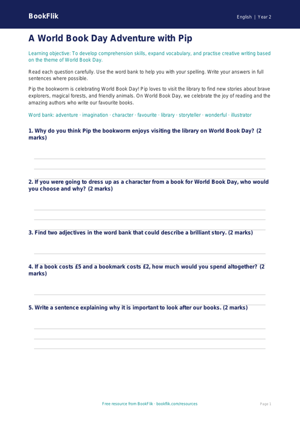 Free World Book Day Worksheet | Year 2 Core | BookFlik worksheet preview — English World Book Day