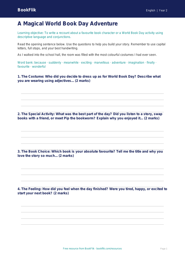 Free World Book Day Writing Frame | Year 2 Core | BookFlik worksheet preview — English World Book Day