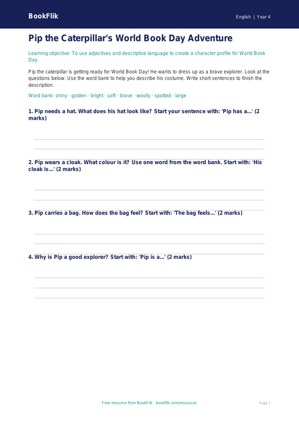 Free World Book Day Activity Sheet | Year 4 Supported | BookFlik worksheet preview — English World Book Day