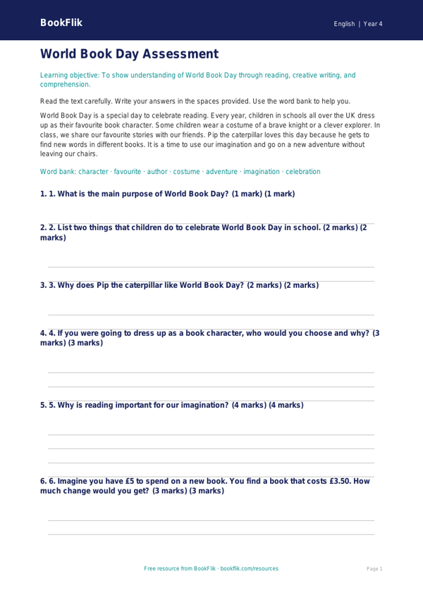Free World Book Day Assessment | Year 4 Supported | BookFlik worksheet preview — English World Book Day