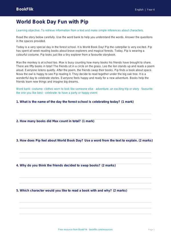 Free World Book Day Comprehension | Year 4 Supported | BookFlik worksheet preview — English World Book Day