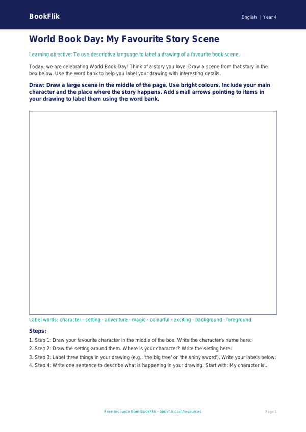 Free World Book Day Drawing Sheet | Year 4 Supported | BookFlik worksheet preview — English World Book Day
