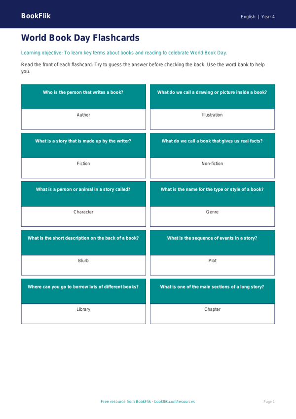 Free World Book Day Flashcards | Year 4 Supported | BookFlik worksheet preview — English World Book Day