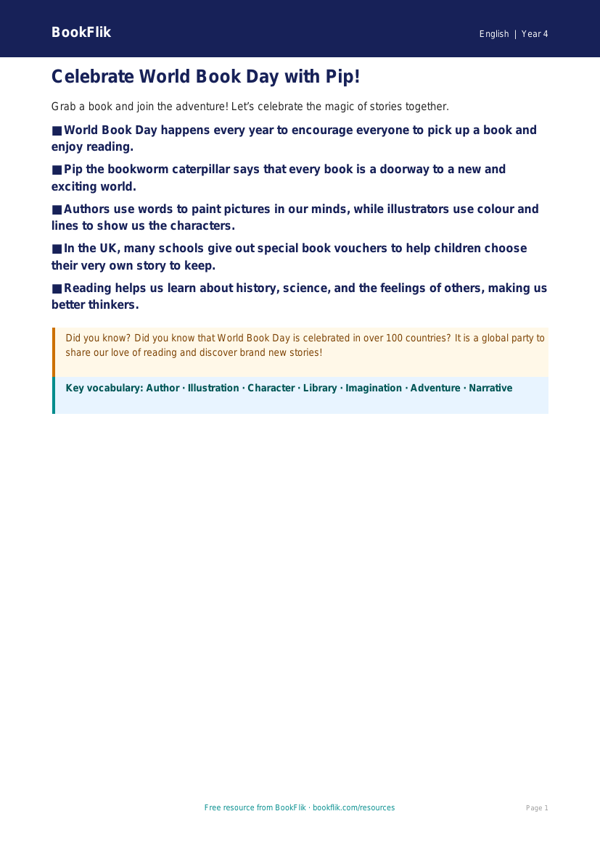 Free World Book Day Poster | Year 4 Supported | BookFlik worksheet preview — English World Book Day