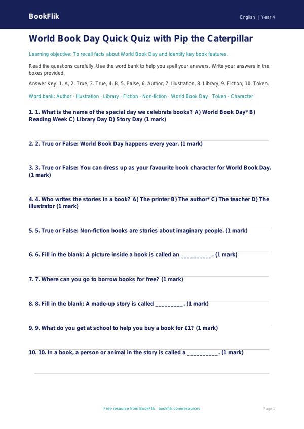 Free World Book Day Quiz | Year 4 Supported | BookFlik worksheet preview — English World Book Day