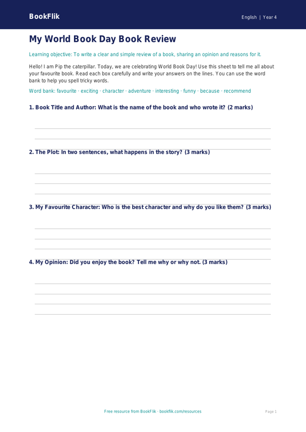 Free World Book Day Template | Year 4 Supported | BookFlik worksheet preview — English World Book Day