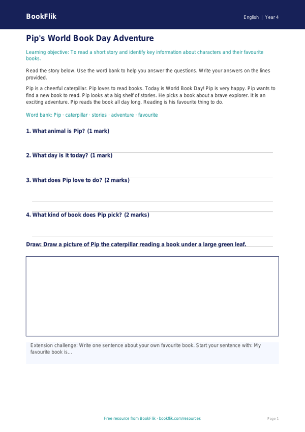 Free World Book Day Track Sheet | Year 4 Supported | BookFlik worksheet preview — English World Book Day