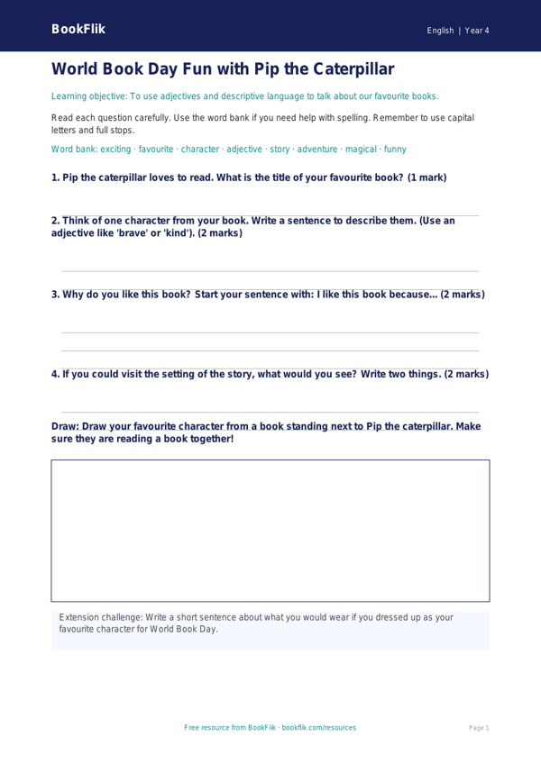 Free World Book Day Worksheet | Year 4 Supported | BookFlik worksheet preview — English World Book Day