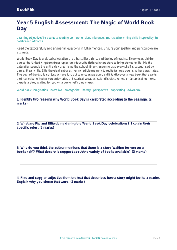 Free World Book Day Assessment | Year 5 Core | BookFlik worksheet preview — English World Book Day