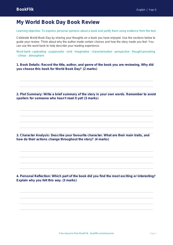 Free World Book Day Template | Year 5 Core | BookFlik worksheet preview — English World Book Day