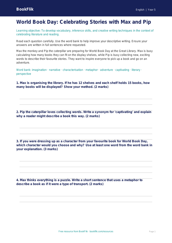 Free World Book Day Worksheet | Year 5 Core | BookFlik worksheet preview — English World Book Day