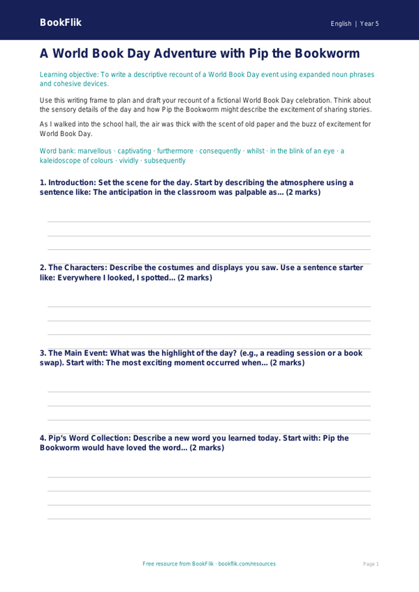 Free World Book Day Writing Frame | Year 5 Core | BookFlik worksheet preview — English World Book Day