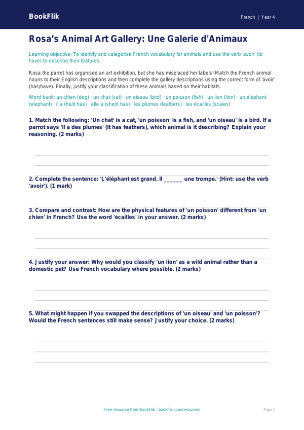 Free Animals Activity Sheet | Year 4 Greater Depth | BookFlik worksheet preview — French Animals