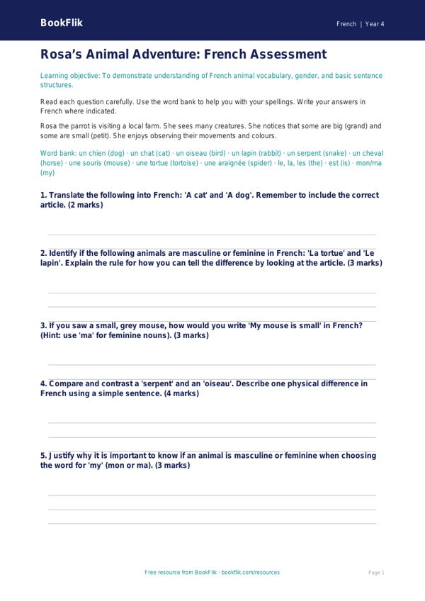 Free Animals Assessment | Year 4 Greater Depth | BookFlik worksheet preview — French Animals