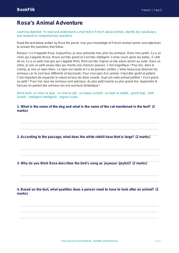 Free Animals Comprehension | Year 5 Core | BookFlik worksheet preview — French Animals