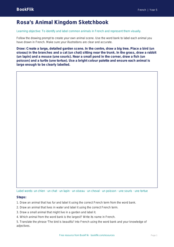Free Animals Drawing Sheet | Year 5 Core | BookFlik worksheet preview — French Animals