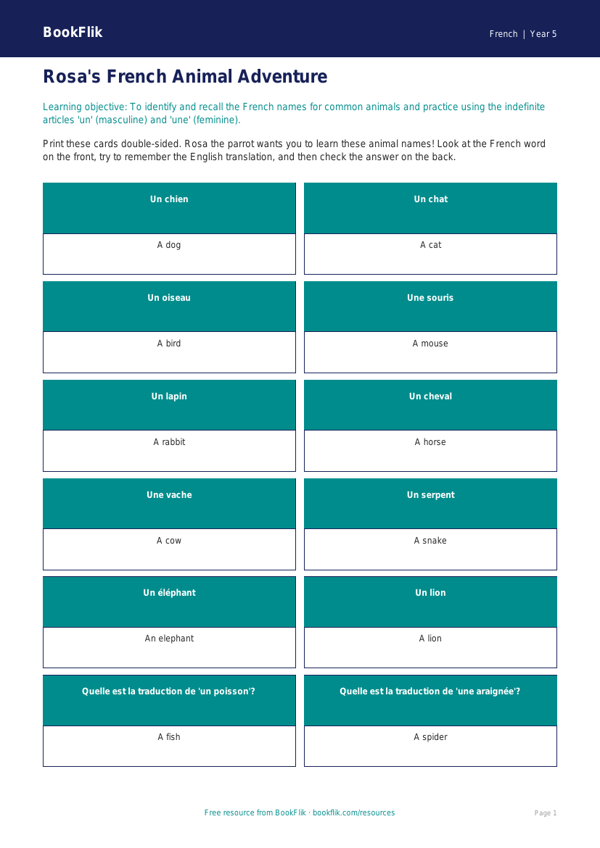 Free Animals Flashcards | Year 5 Core | BookFlik worksheet preview — French Animals