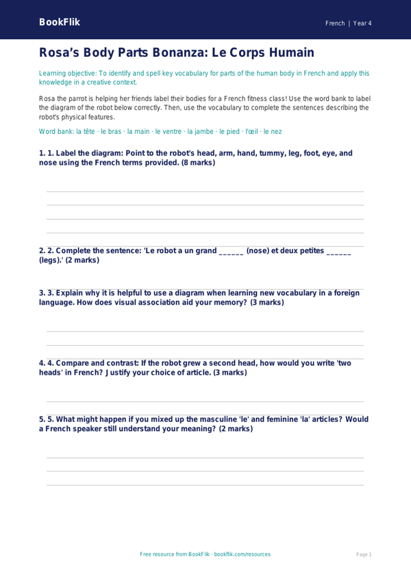 Free Body Parts Activity Sheet | Year 4 Greater Depth | BookFlik worksheet preview — French Body Parts