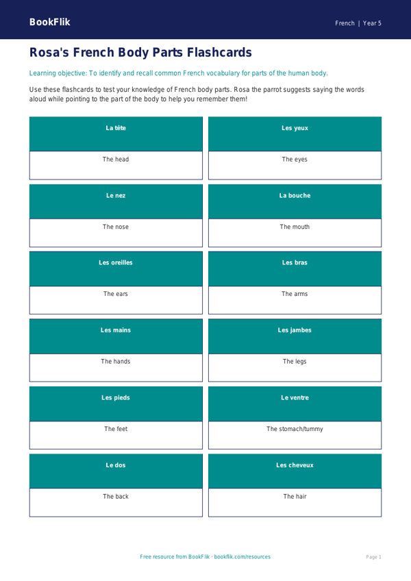 Free Body Parts Flashcards | Year 5 Core | BookFlik worksheet preview — French Body Parts