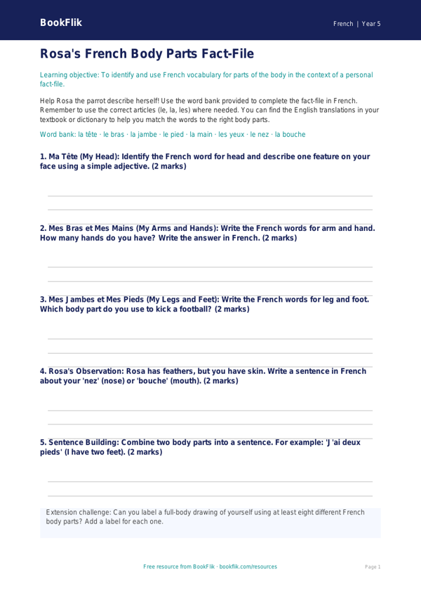 Free Body Parts Template | Year 5 Core | BookFlik worksheet preview — French Body Parts