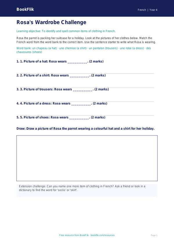 Free Clothes Activity Sheet | Year 4 Supported | BookFlik worksheet preview — French Clothes