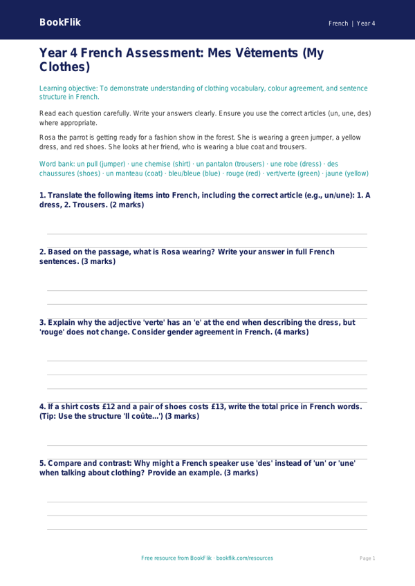 Free Clothes Assessment | Year 4 Greater Depth | BookFlik worksheet preview — French Clothes