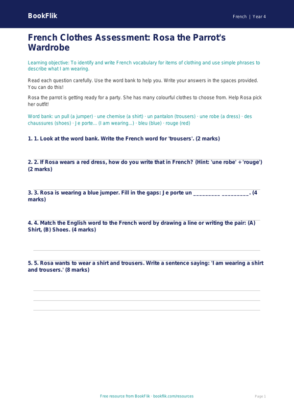 Free Clothes Assessment | Year 4 Supported | BookFlik worksheet preview — French Clothes