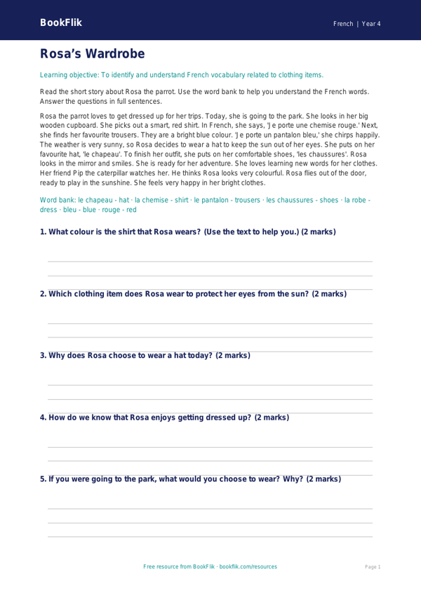 Free Clothes Comprehension | Year 4 Supported | BookFlik worksheet preview — French Clothes