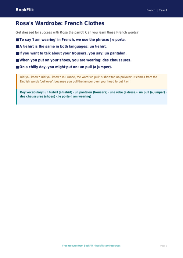 Free Clothes Poster | Year 4 Supported | BookFlik worksheet preview — French Clothes