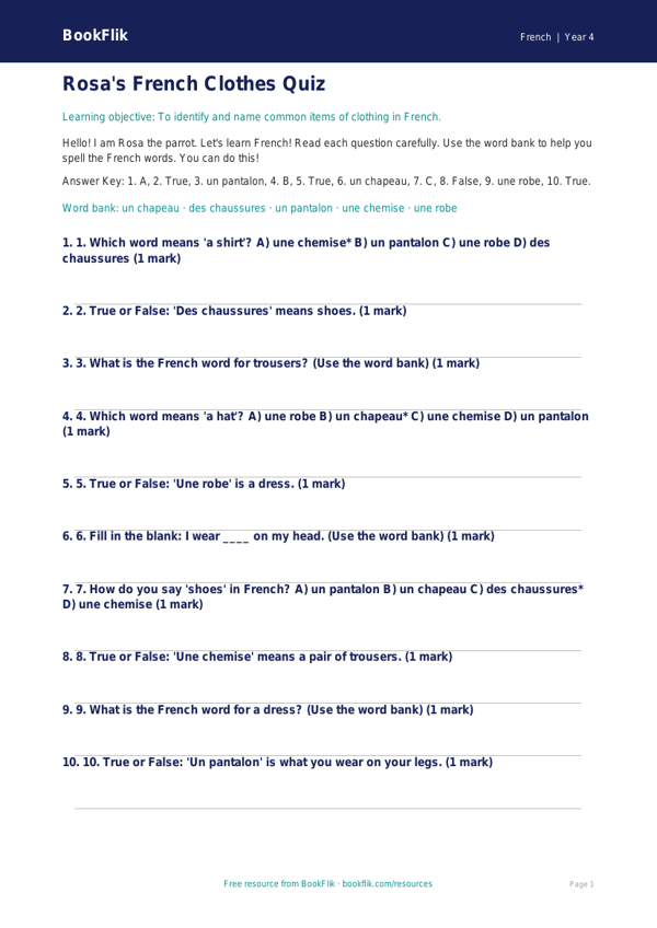 Free Clothes Quiz | Year 4 Supported | BookFlik worksheet preview — French Clothes