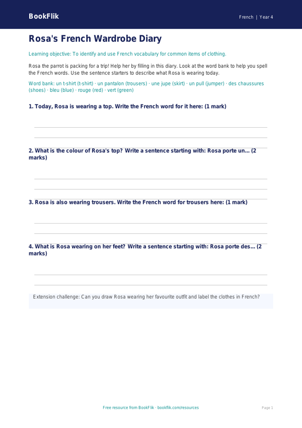 Free Clothes Template | Year 4 Supported | BookFlik worksheet preview — French Clothes