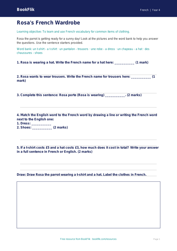 Free Clothes Worksheet | Year 4 Supported | BookFlik worksheet preview — French Clothes