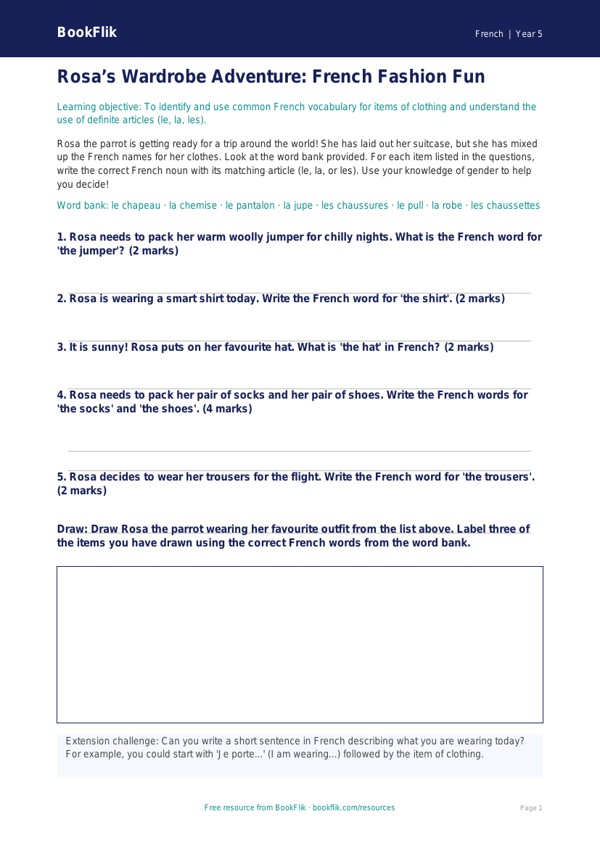 Free Clothes Activity Sheet | Year 5 Core | BookFlik worksheet preview — French Clothes