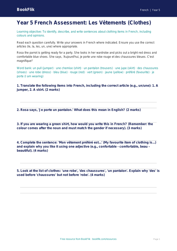Free Clothes Assessment | Year 5 Core | BookFlik worksheet preview — French Clothes