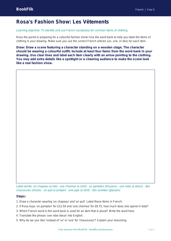 Free Clothes Drawing Sheet | Year 5 Core | BookFlik worksheet preview — French Clothes