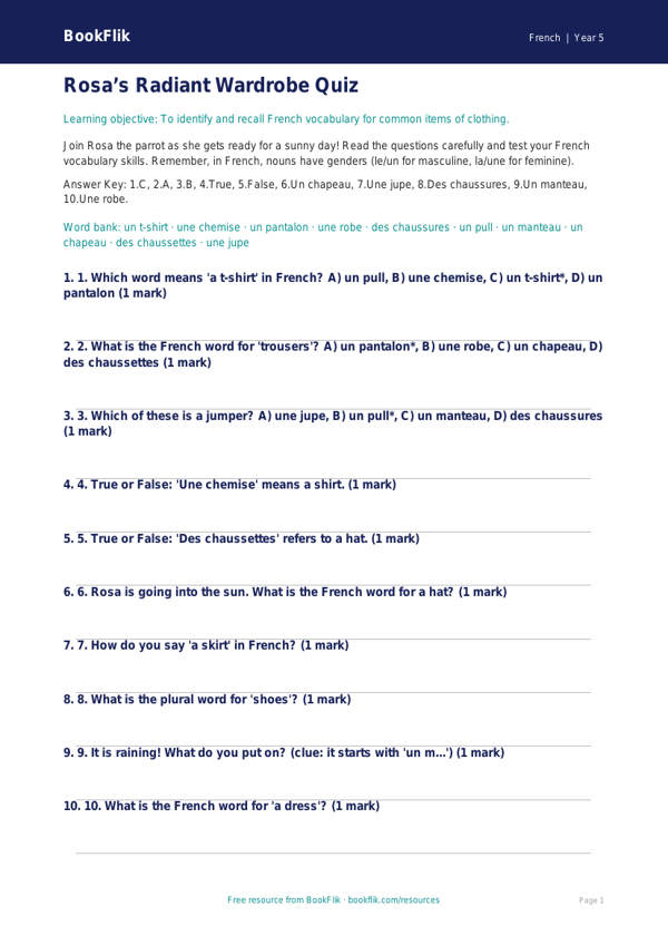 Free Clothes Quiz | Year 5 Core | BookFlik worksheet preview — French Clothes
