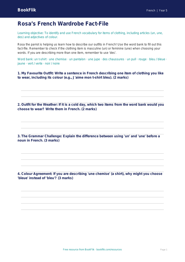 Free Clothes Template | Year 5 Core | BookFlik worksheet preview — French Clothes