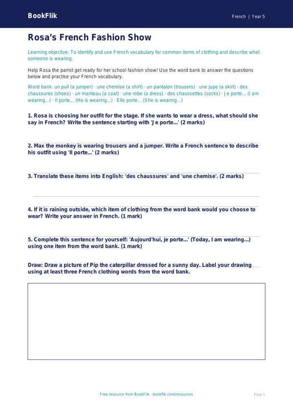 Free Clothes Worksheet | Year 5 Core | BookFlik worksheet preview — French Clothes