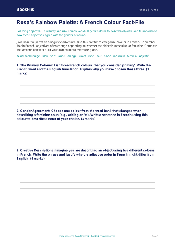 Free Colours Template | Year 4 Greater Depth | BookFlik worksheet preview — French Colours